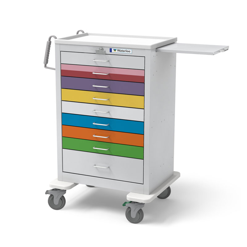 9 Drawer extra-tall pediatric Unicart, light gray exterior / multicolored drawers, lever lock